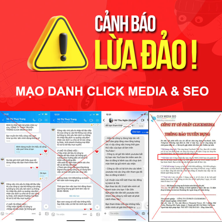 Cảnh báo đối tượng lừa đảo mạo danh, giả mạo CLICK MEDIA & SEO thông qua tuyển dụng giả